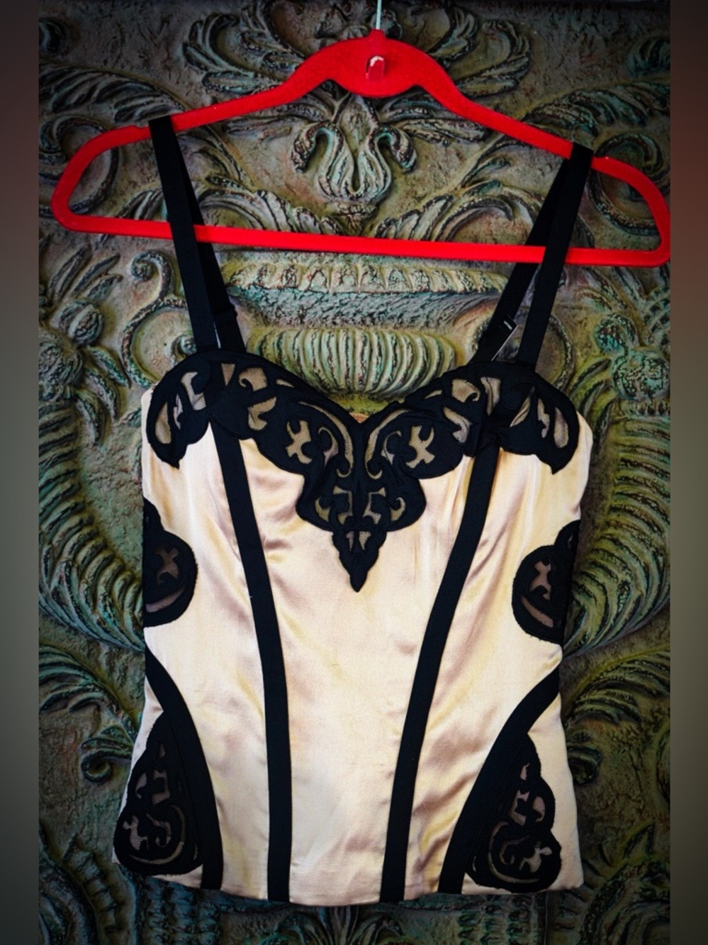 Bebe Champagne Satin & Black Lace Corset Top - Size XS - Picture 6 of 7